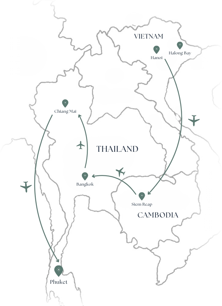 Map of women-only Southeast Asia tour route: Hanoi, Halong Bay, Siem Reap, Bangkok, Chiang Mai and Phuket